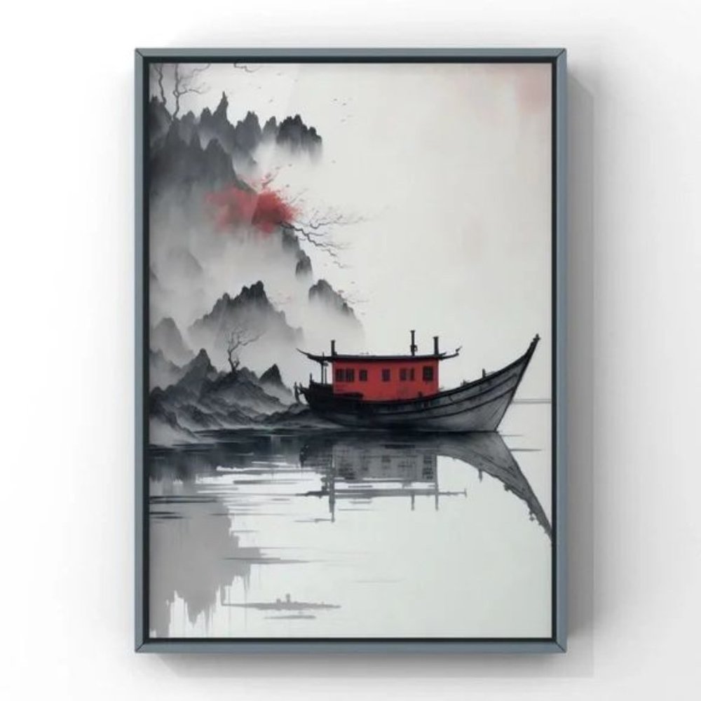 Chinese Muted Ink Art Boat and Cottage Art Print
